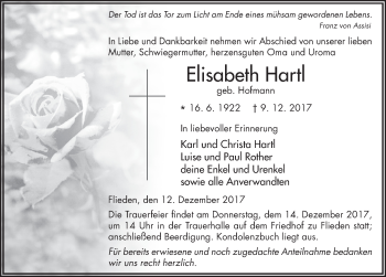 Traueranzeige von Elisabeth Hartl 