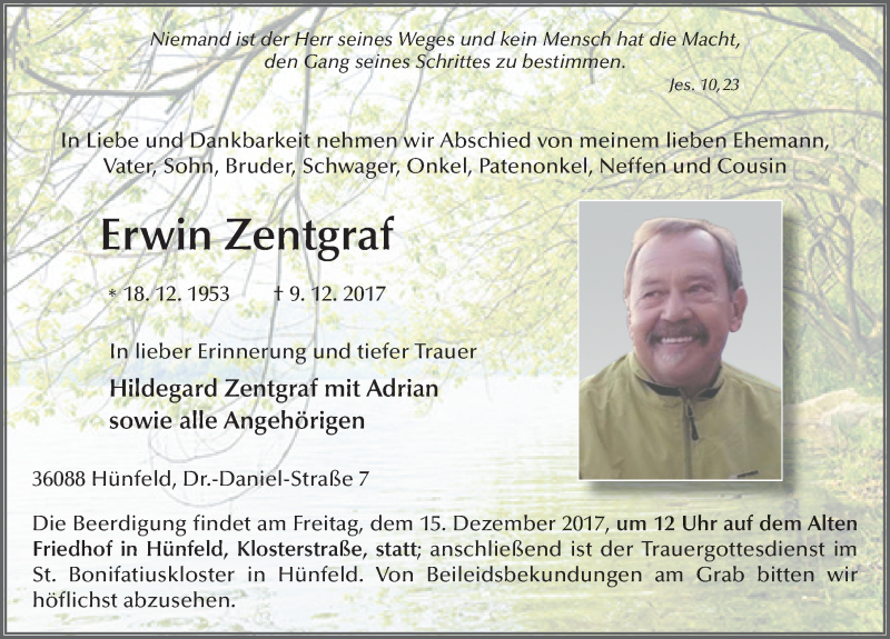  Traueranzeige für Erwin Zentgraf vom 13.12.2017 aus 