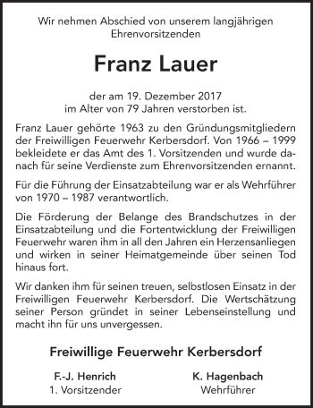 Traueranzeige von Franz Lauer 