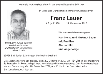 Traueranzeige von Franz Lauer 