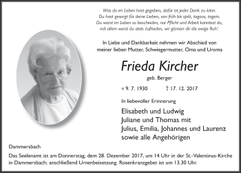 Traueranzeige von Frieda Kircher 