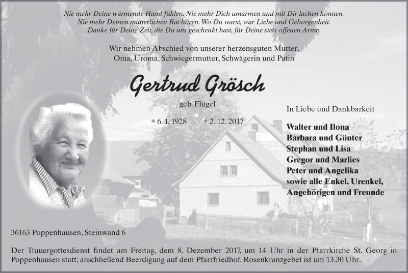  Traueranzeige für Gertrud Grösch vom 06.12.2017 aus 
