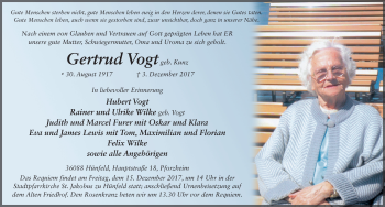 Traueranzeige von Gertrud Vogt 