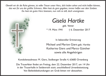 Traueranzeige von Gisela Hartke 