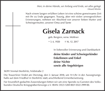 Traueranzeige von Gisela Zarnack 