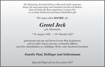 Traueranzeige von Gretel Jeck 