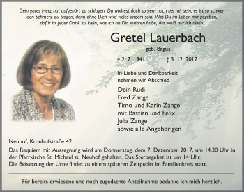 Traueranzeige von Gretel Lauerbach 