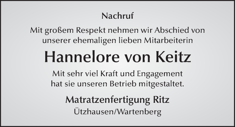  Traueranzeige für Hannelore von Keitz vom 15.12.2017 aus 