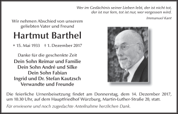 Traueranzeige von Hartmut Barthel 