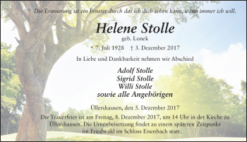 Traueranzeige von Helene Stolle 