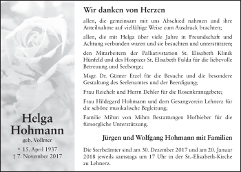 Traueranzeige von Helga Hohmann 