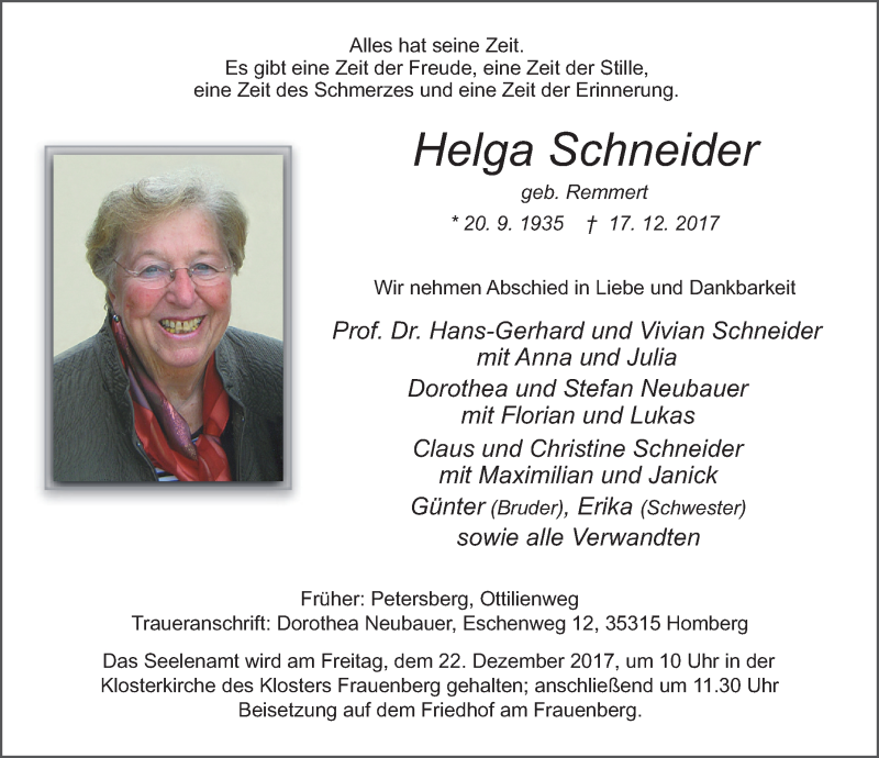  Traueranzeige für Helga Schneider vom 20.12.2017 aus 