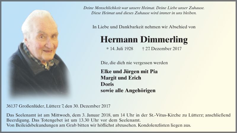  Traueranzeige für Hermann Dimmerling vom 30.12.2017 aus 
