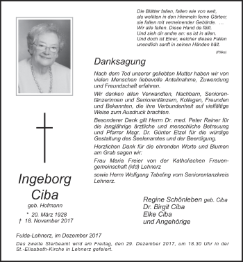 Traueranzeige von Ingeborg Ciba 