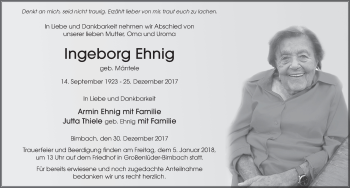 Traueranzeige von Ingeborg Ehnig 