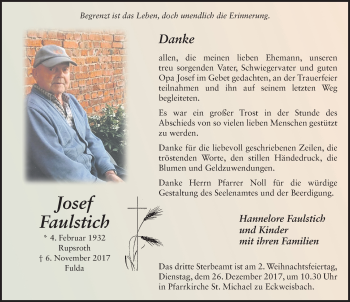 Traueranzeige von Josef Faulstich 