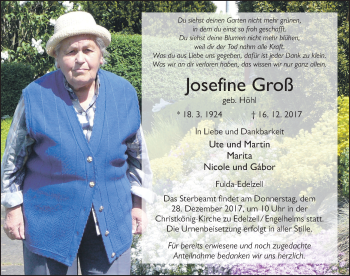 Traueranzeige von Josefine Groß 
