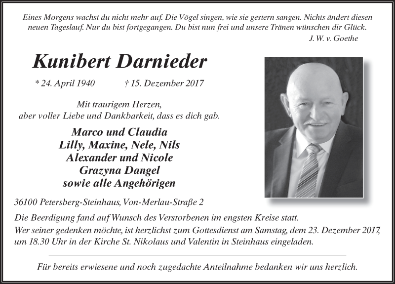  Traueranzeige für Kunibert Darnieder vom 22.12.2017 aus 