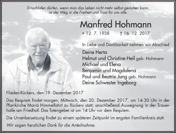 Traueranzeige von Manfred Hohmann 
