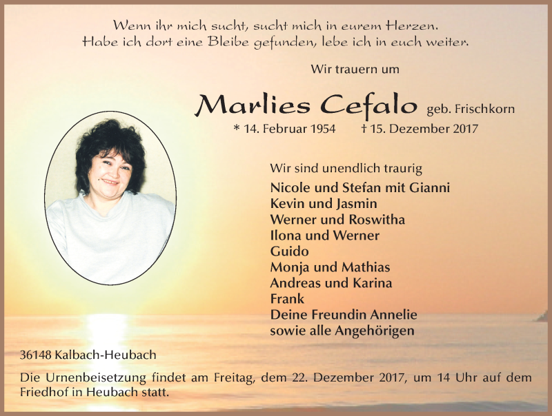  Traueranzeige für Marlies Cefalo vom 20.12.2017 aus 