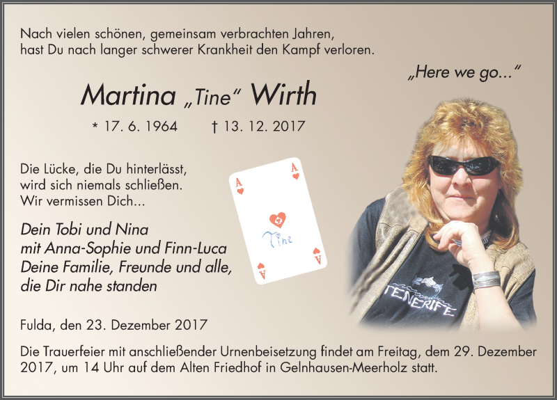  Traueranzeige für Martina Wirth vom 23.12.2017 aus 
