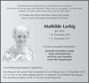 Traueranzeige von Mathilde Larbig 