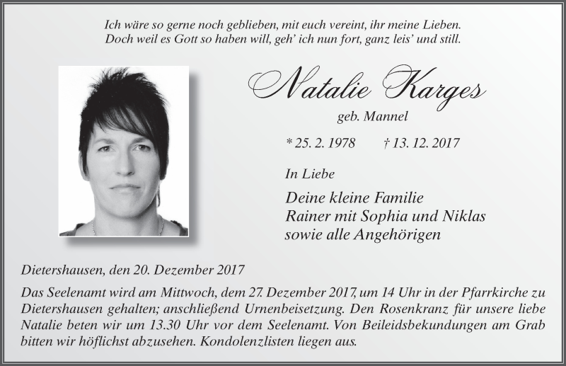  Traueranzeige für Natalie Karges vom 20.12.2017 aus 