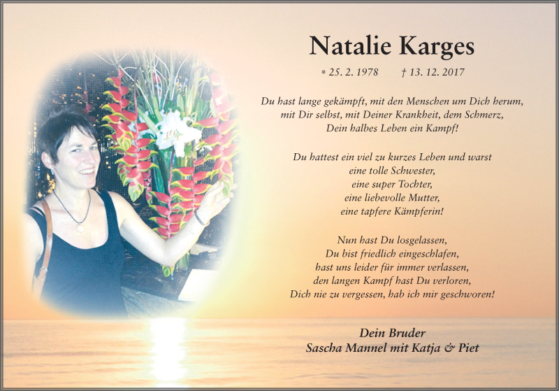  Traueranzeige für Natalie Karges vom 20.12.2017 aus 