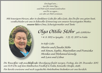 Traueranzeige von Olga Ottilie Stöhr 