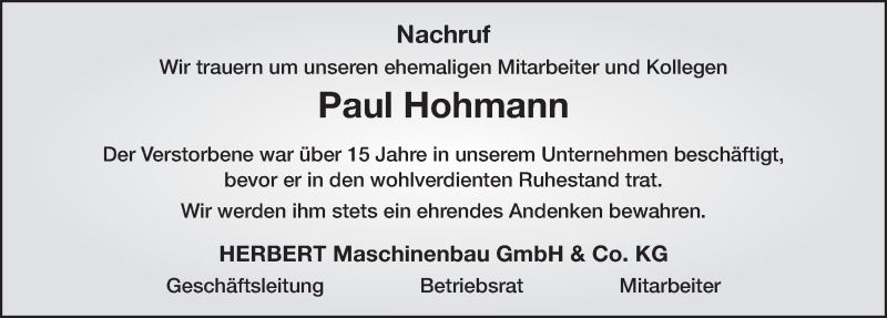  Traueranzeige für Paul Hohmann vom 18.12.2017 aus 