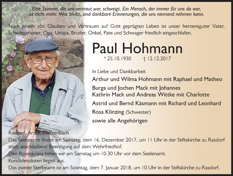  Traueranzeige für Paul Hohmann vom 14.12.2017 aus 