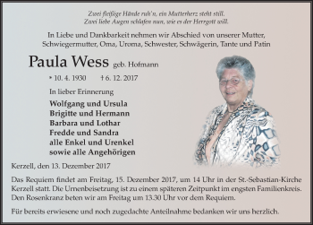 Traueranzeige von Paula Wess 