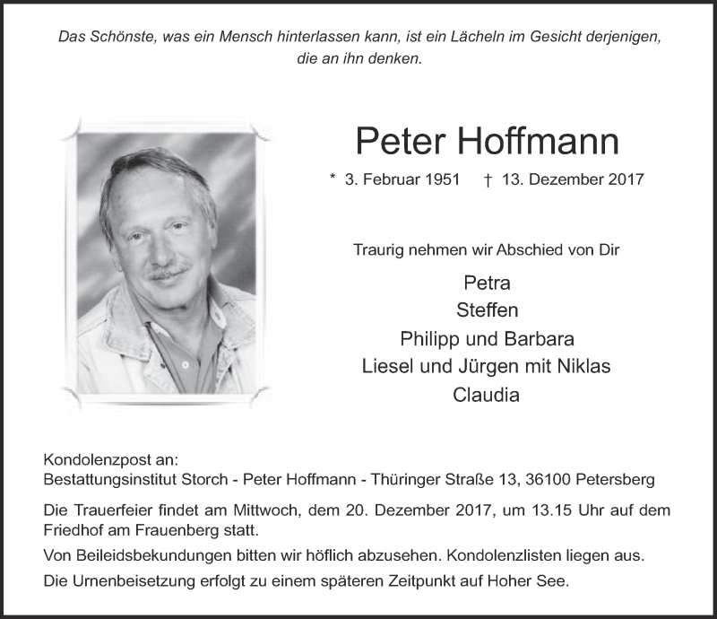  Traueranzeige für Peter Hoffmann vom 16.12.2017 aus 