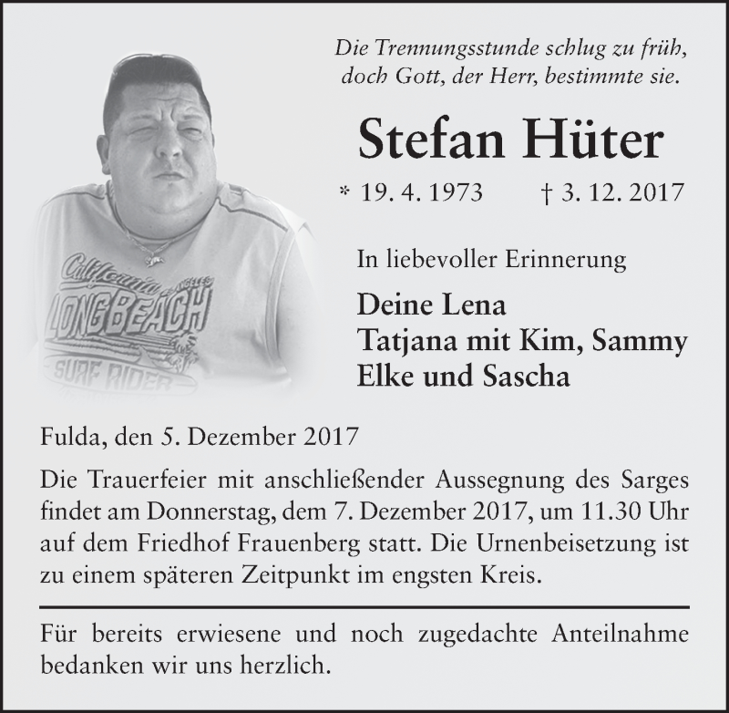  Traueranzeige für Stefan Hüter vom 05.12.2017 aus 
