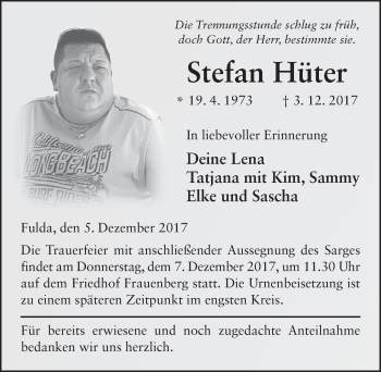 Traueranzeige von Stefan Hüter 
