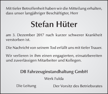 Traueranzeige von Stefan Hüter 