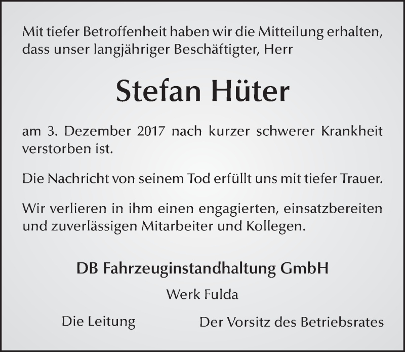  Traueranzeige für Stefan Hüter vom 21.12.2017 aus 