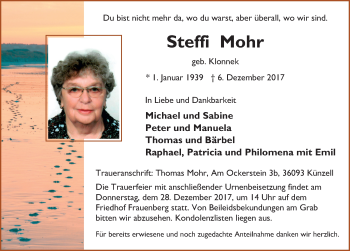 Traueranzeige von Stefanie Mohr 