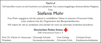 Traueranzeige von Stefanie Mohr 