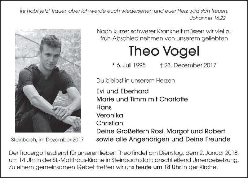  Traueranzeige für Theo Vogel vom 29.12.2017 aus 