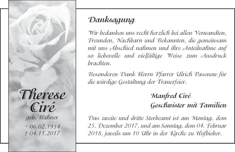  Traueranzeige für Therese Ciré vom 23.12.2017 aus 