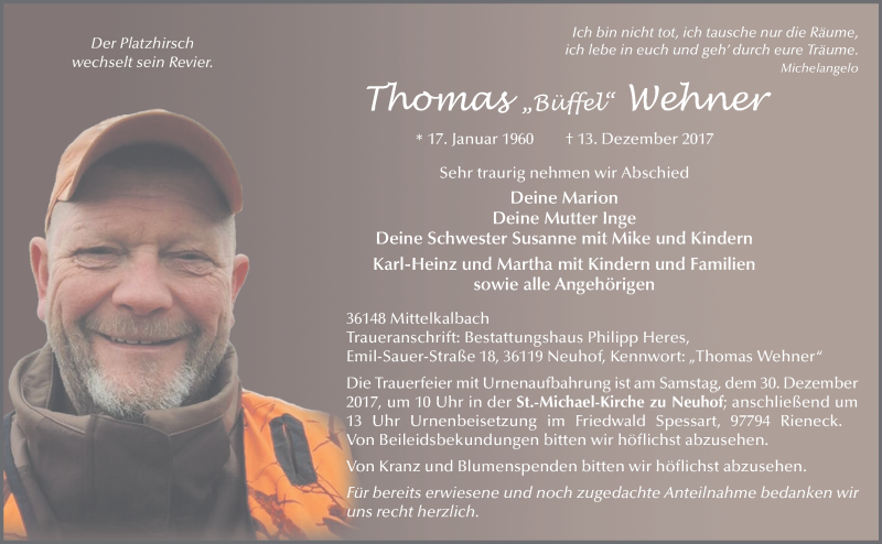  Traueranzeige für Thomas Wehner vom 27.12.2017 aus 