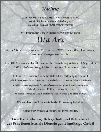 Traueranzeige von Uta Arz 