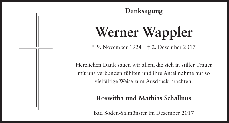  Traueranzeige für Werner Wappler vom 19.12.2017 aus 