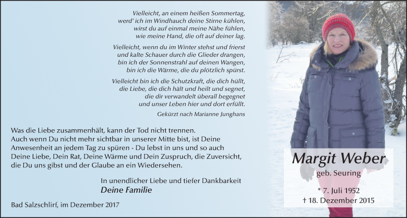 Traueranzeige für Margit Weber vom 16.12.2017 aus 