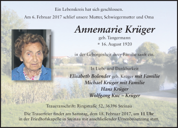 Traueranzeige von Annemarie Krüger 