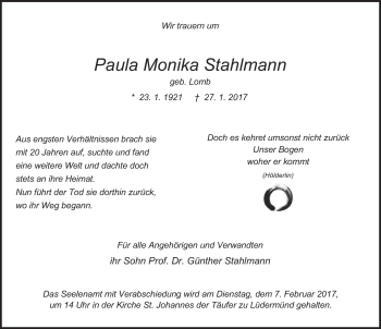 Traueranzeige von Paula Monika Stahlmann 