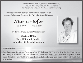 Traueranzeige von Maria Höfer 