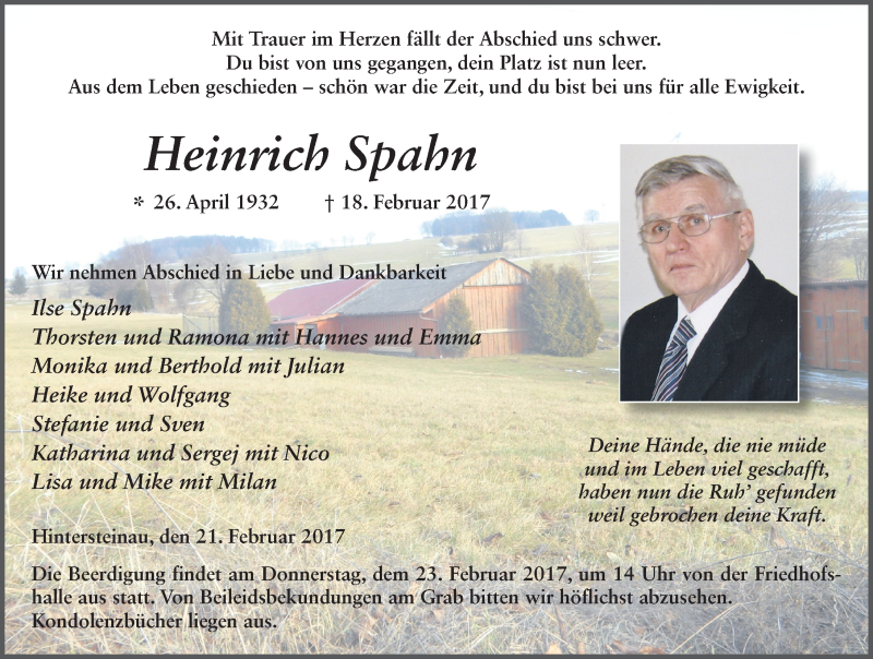  Traueranzeige für Heinrich Spahn vom 21.02.2017 aus 