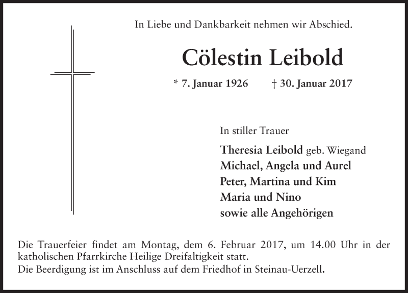  Traueranzeige für Cölestin Leibold vom 04.02.2017 aus 